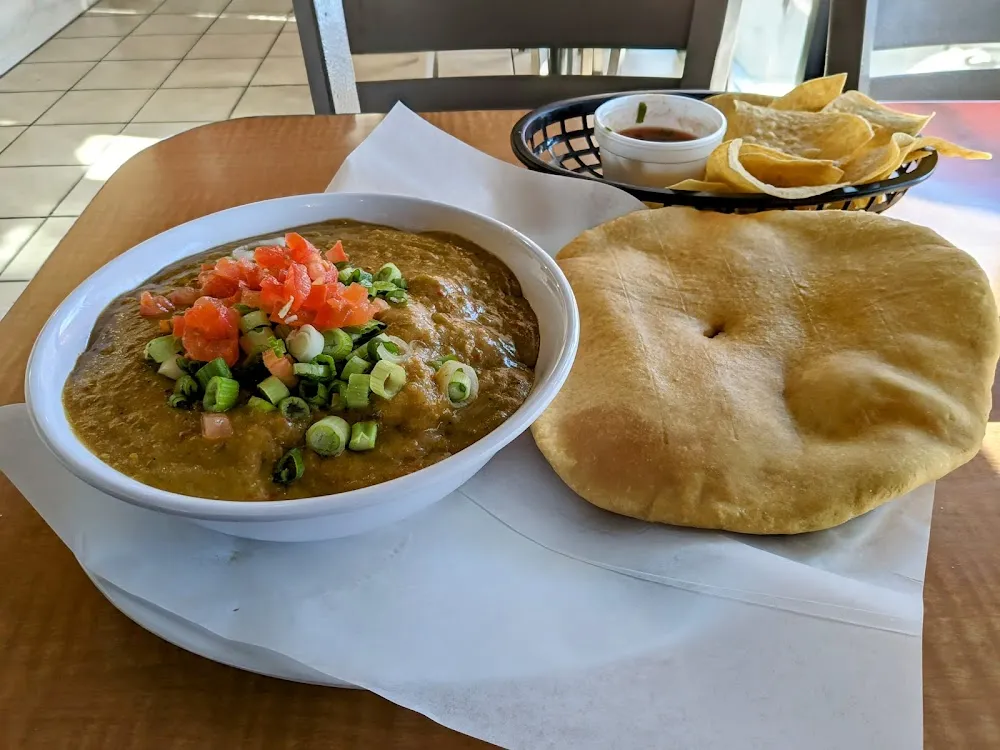 Bowl of Green Chile Stew with Fry Bread